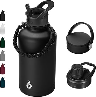 BJPKPK Half Gallon Insulated Water Bottles with Straw Lid,64oz Large ,Stainless Steel Water Bottles with 3 Lids and Paracord Handle for Hot & Cold Liquid, Black