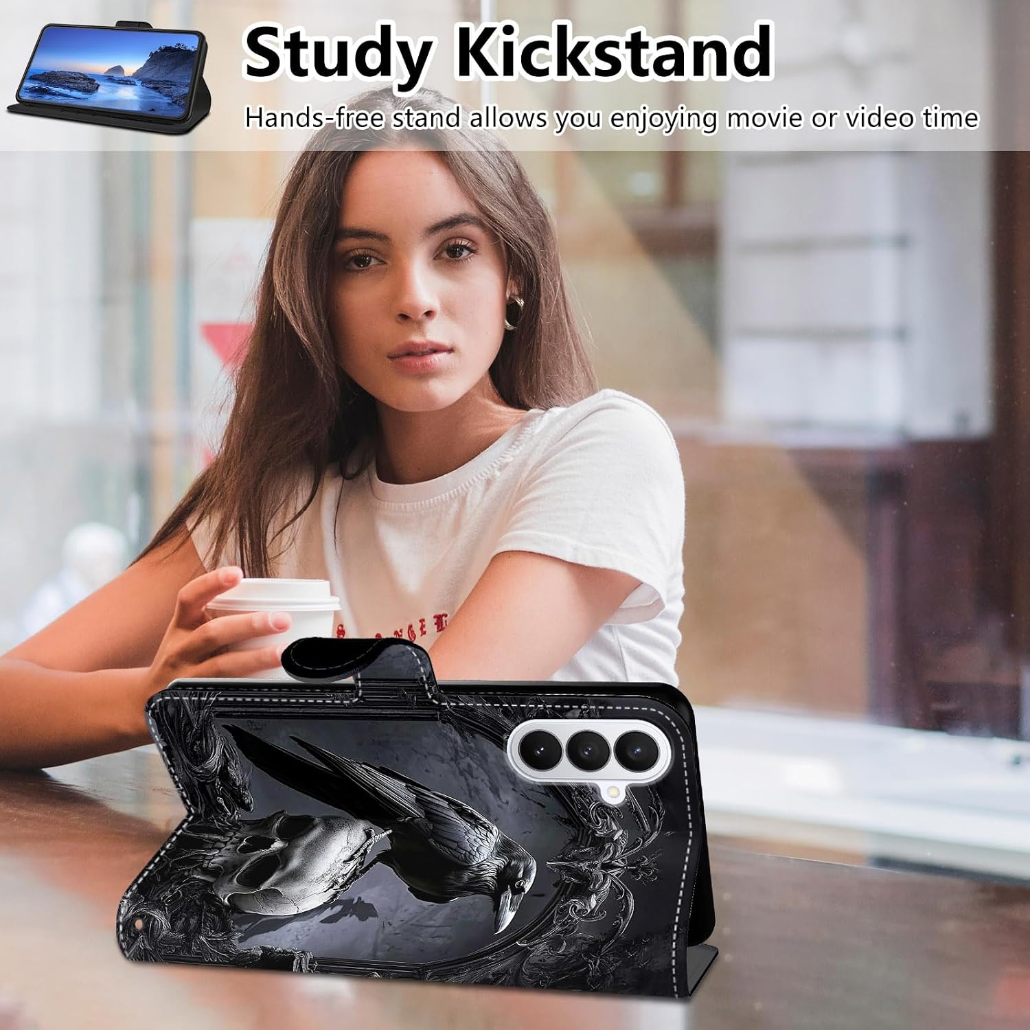 for Samsung Galaxy S26 Case with Screen Protector & Kickstand & Wrist Strap & Card Holder PU Leather Flip Fold Wallet Case Protective Magnetic Heavy Duty Cover,Cute Crow Skull Black image 3