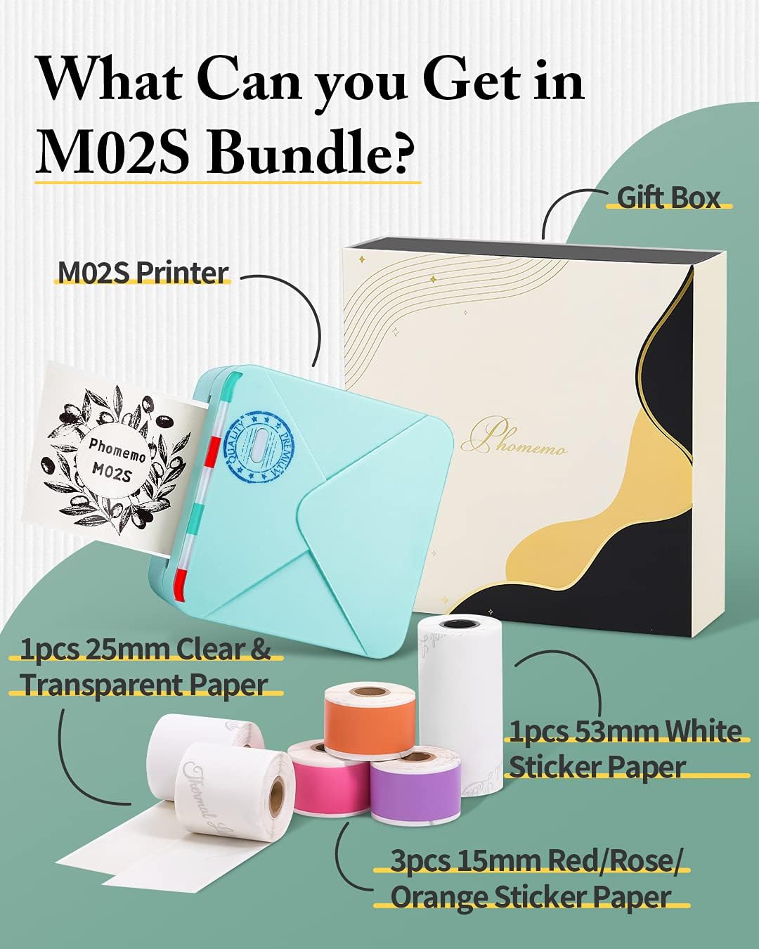 Phomemo 300dpi Mini Note Printer- Bluetooth Portable Thermal Pocket Printer for Home/Office/School, for Planer, Teacher, DIY, Students, with Total 6 Rolls Paper, Cyan