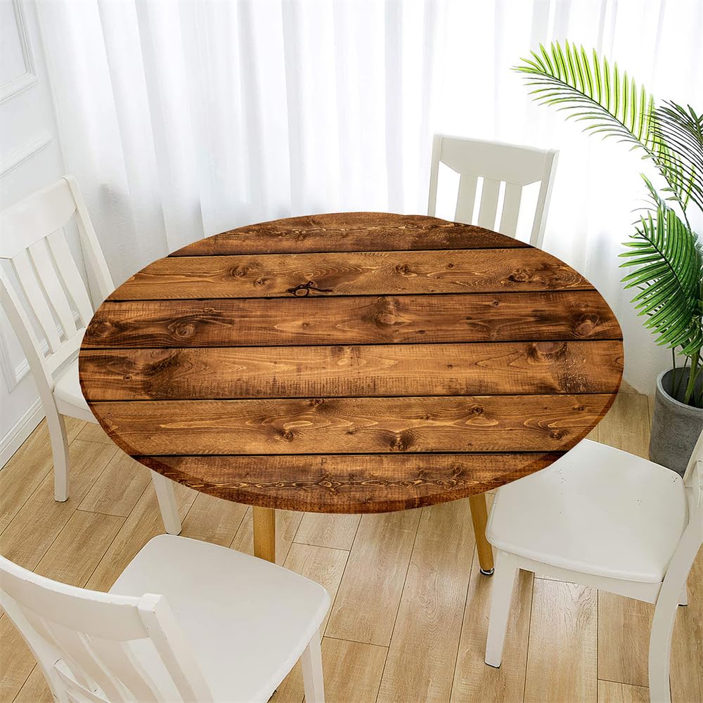 Treer Round Tablecloth Protector Retro Wood Grain Wipeable Round Table Cloth,Round Elastic Edged Fitted Backed Table Cover Washable for Dinning Room Kitchen Picnic Party (Brown,170cm)