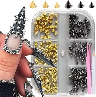 3D Mini Metal Punk Nail Art Studs, Mixed Sizes Gold & Black Cone Spikes Nail Charms, Alloy Nails Rivets Decoration for Gothic Y2K Jewelry Manicure DIY Accessories with Pickup Pen & Tweezers