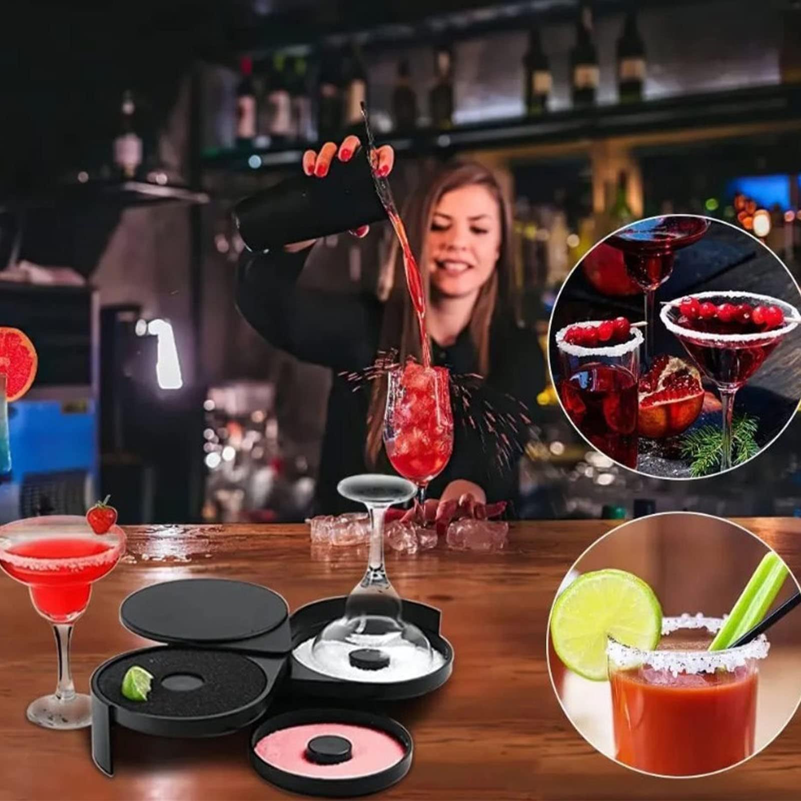 Margarita Salt Rimmer Set, 3 Tier Bar Glass Rimmer For Margarita And Cocktail Salt Box Spice Container Black Plastic Glass Rimming For Cocktails Margaritas Bloody Marys And Gimlets