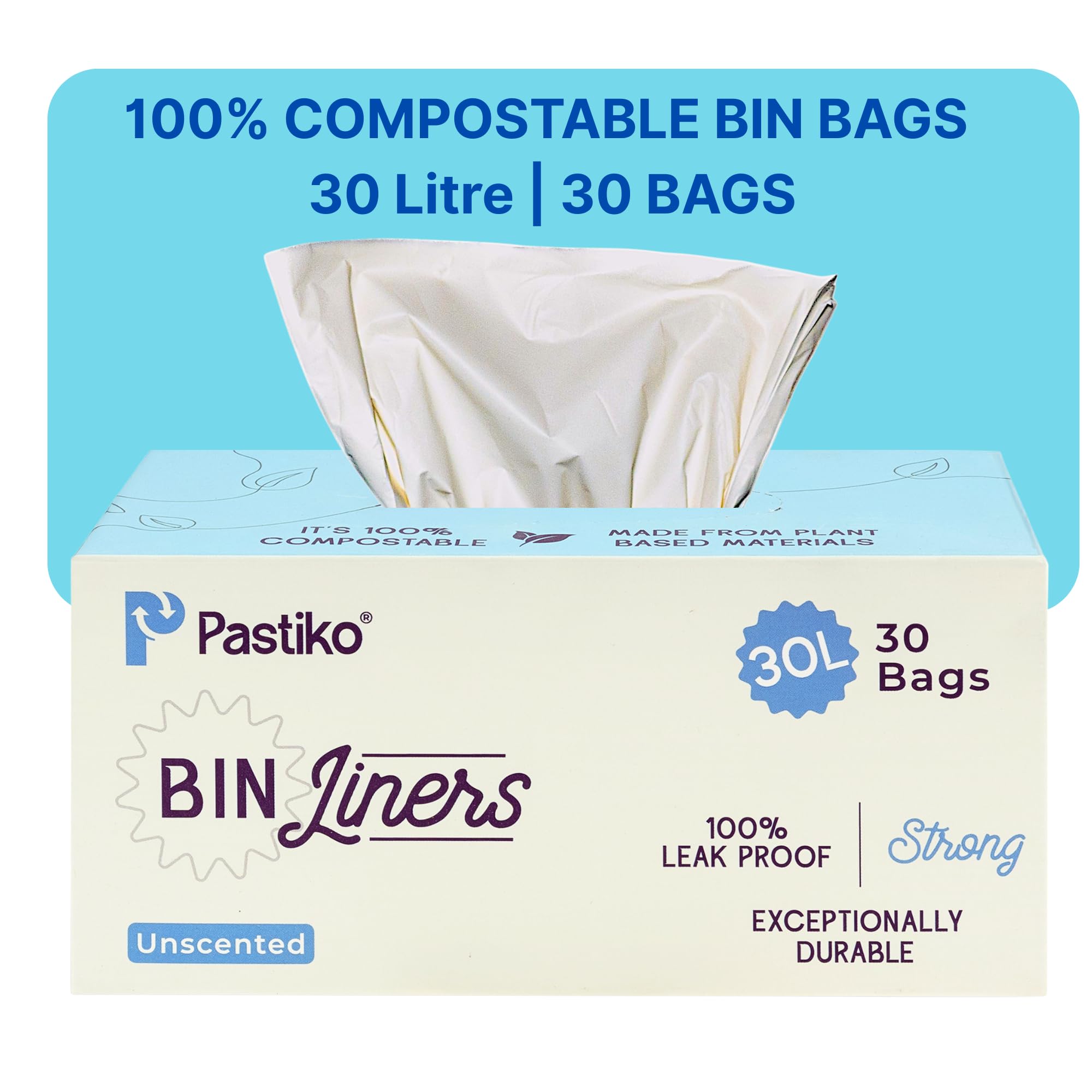 Pastiko White 100% Compostable Bin Bags 30L Bin Liners Extra Thick Durable Tear-Resistant Leak Proof Garbage Bags Biodegradable Strong Bin Bags Tuv Austria Ok Home And Industrial Compostable