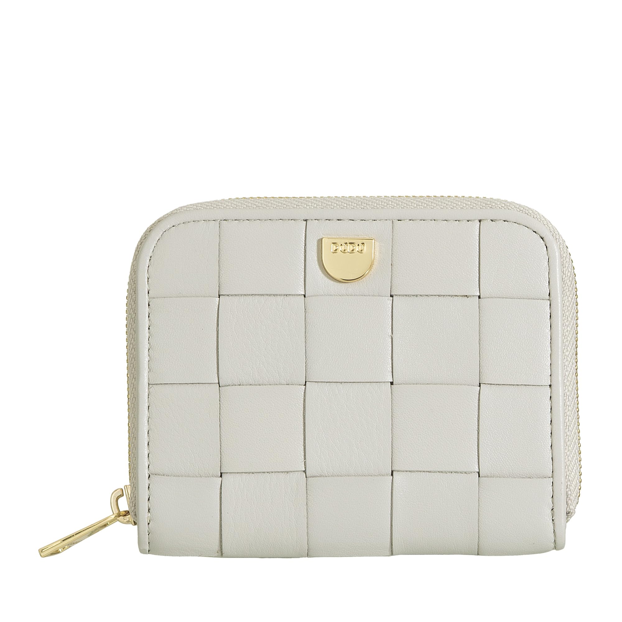 DUDU Portafoglio Donna Piccolo in Pelle Intrecciata Zip Around - Elegante e Compatto, Porta Carte, Portamonete e Banconote con Cerniera Perla