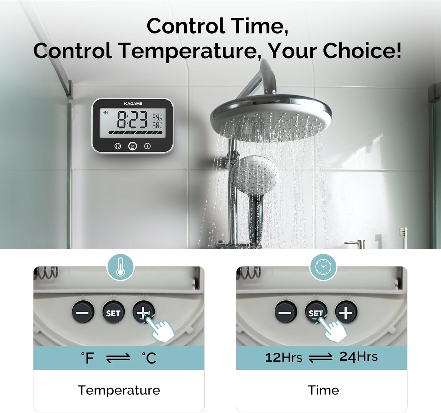 Close-up of the KADAMS digital timer clock in a shower, showing buttons for switching between Fahrenheit/Celsius and 12-hour/24-hour time formats.