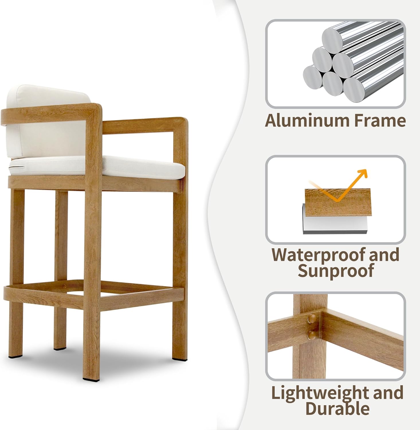 Outdoor Bar Stools Set of 2, Wood Grain Modern Counter Height Bar Stools Aluminum Bar Chairs Patio Bar Stool with Cushion for Kitchen, Island, Patio, Outdoor and Indoor