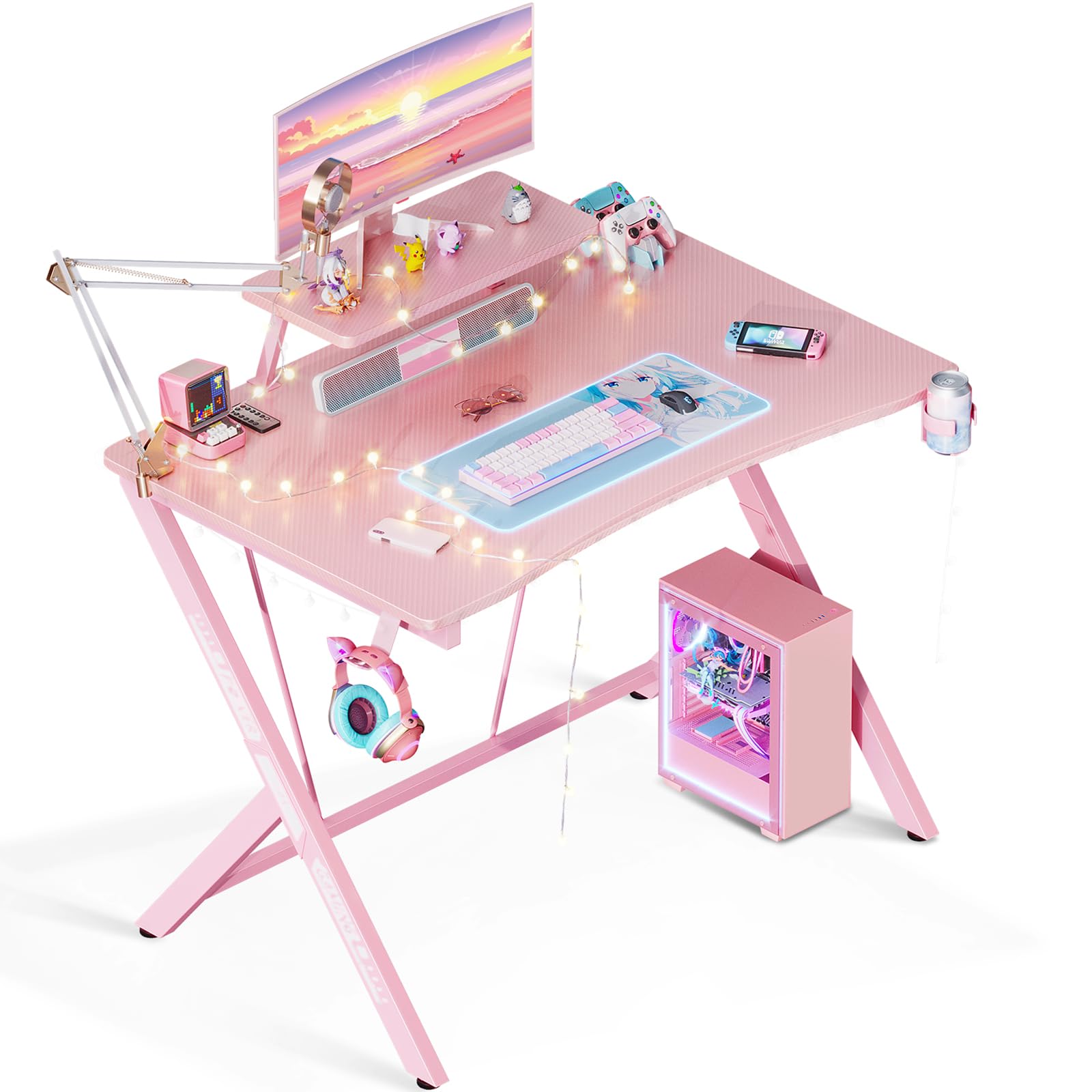 MOTPK Pink Gaming Desk with Led Lights, Small Pink Desk 39inch with Monitor Shelf, Pink Computer Desk for Girls Room, Gaming Table Girls Desk, Gift for Girls