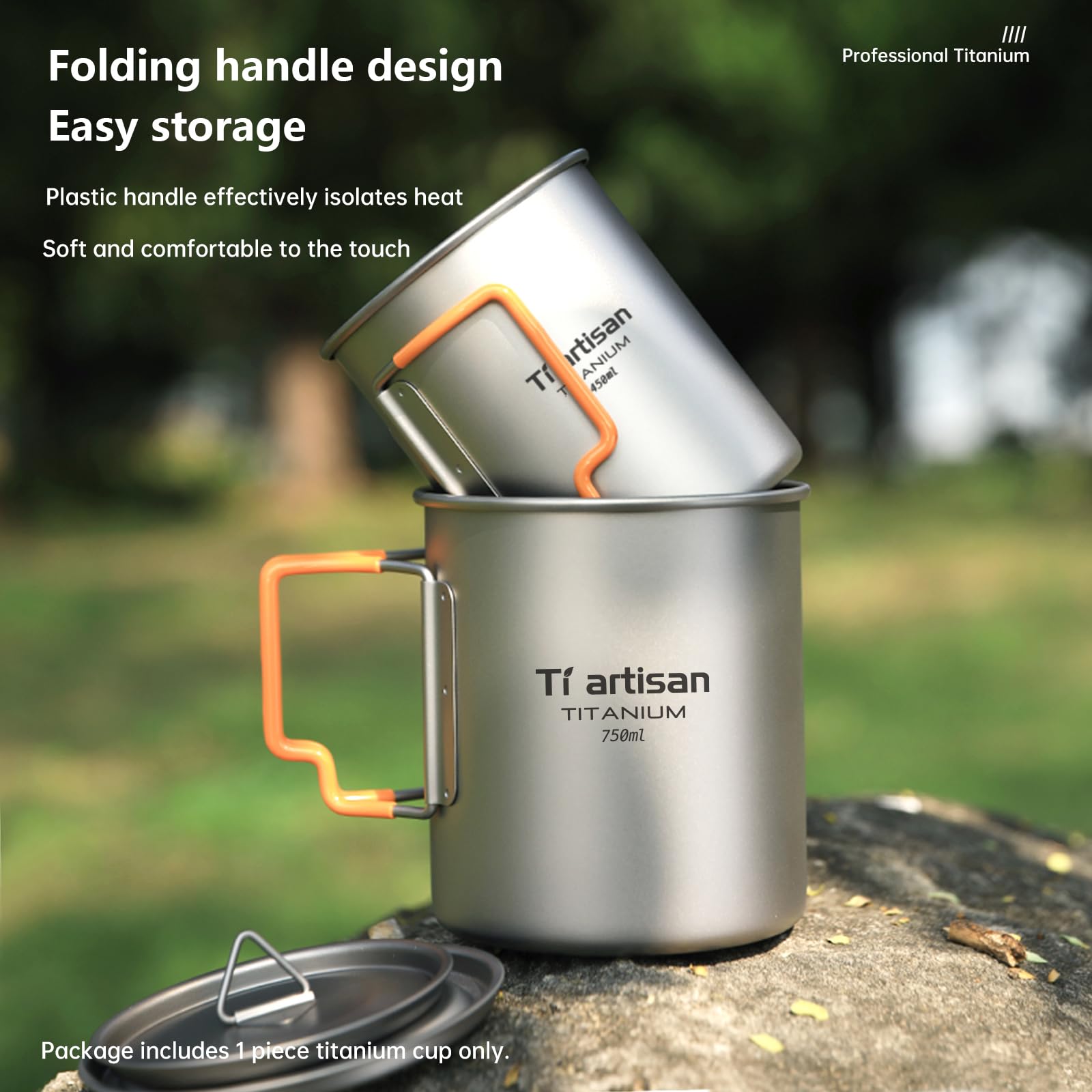 Ti artisan Taza de titanio para camping, portátil, ultraligera, 450 ml/750 ml, agua con asas plegables y tapa para acampar al aire libre, senderismo, mochileros (750 ml)