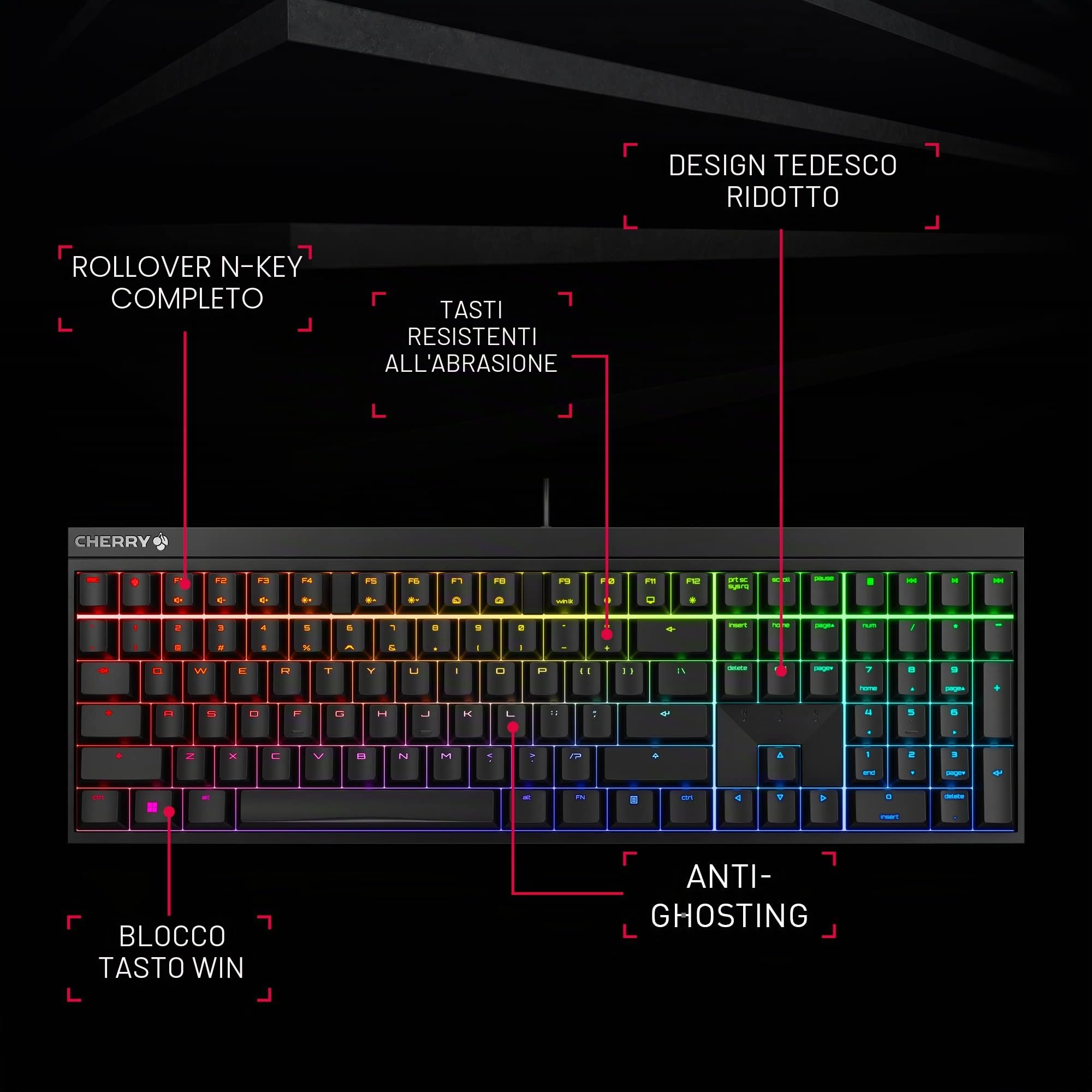 CHERRY MX 2.0S, Tastiera Gaming Meccanica con Illuminazione RGB, Layout Unione Europea (QWERTY), Con Filo, Progettato in Germania, Interruttori MX BLUE, Bianco