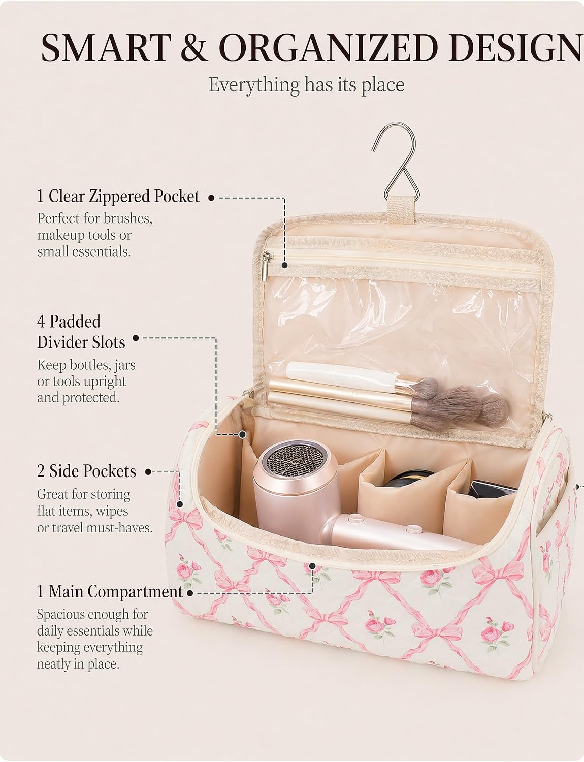 TeeYee Hair Tool Bag Travel Organizer for Dyson Hair Dryer Storage Curling Iron Case with Handle pinkbow-boho