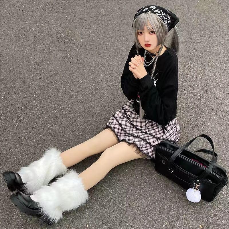 Harajuku Japanese Lolita Leg Warmers Gothic Women's Fur Leg Warmers Sexy Furry Fuzzy Leg Warmers Soft Boot Cuffs Cover, 25CM