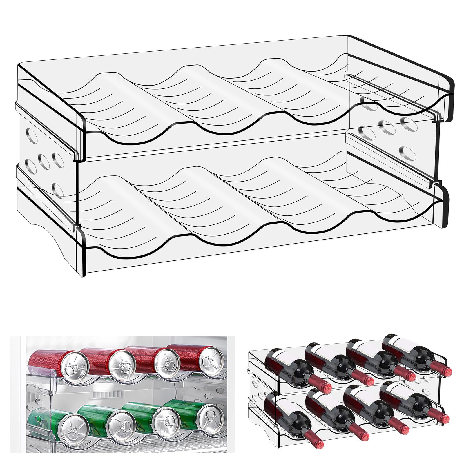 Bottiglie organizer per frigorifero: 8 bottiglie, portabottiglie impilabili, portabottiglie di vino, in plastica, porta lattine, porta bottiglie d'acqua trasparente per armadio, ufficio