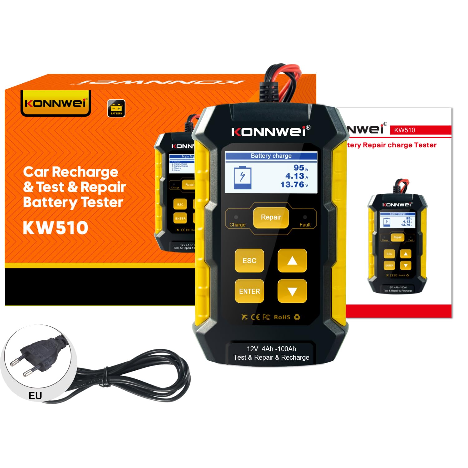 KONNWEI KW510 12V Autobatterietester 100-2000 CCA,mit Ladung & Reparaturfunktion – Kompakter 3-in-1 Diagnosegerät für Autos, Motorräder, Boote,8 Sprache, Reverse Polschutz