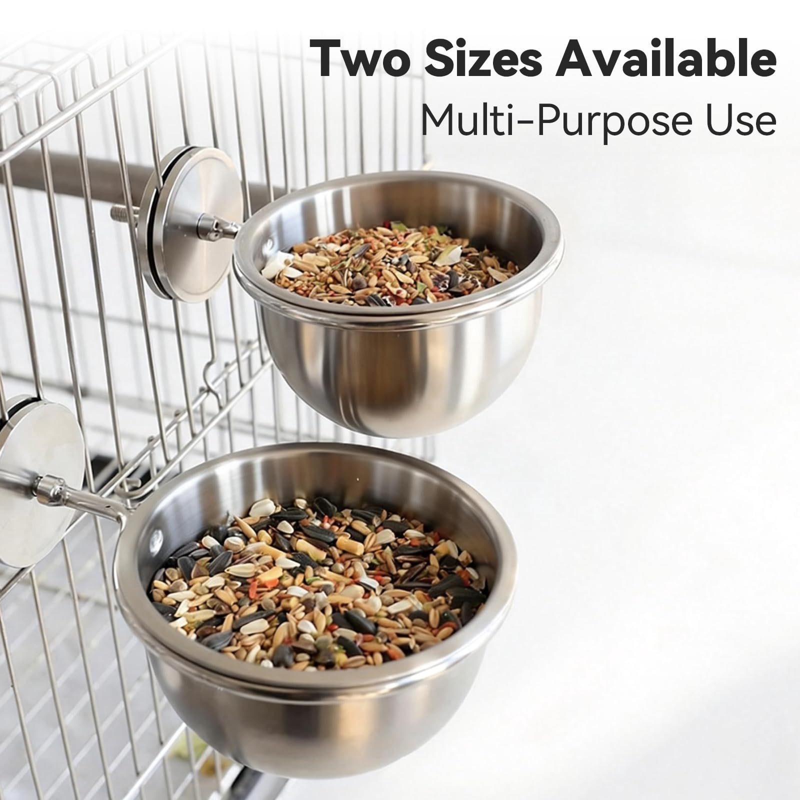 Tazas de alimentación para loros, plato de comida para pájaros, de acero inoxidable, cuencos de jaula de agua con soporte de abrazadera para cacatúa, periquito, loro, guacamayo, animales pequeños (L)