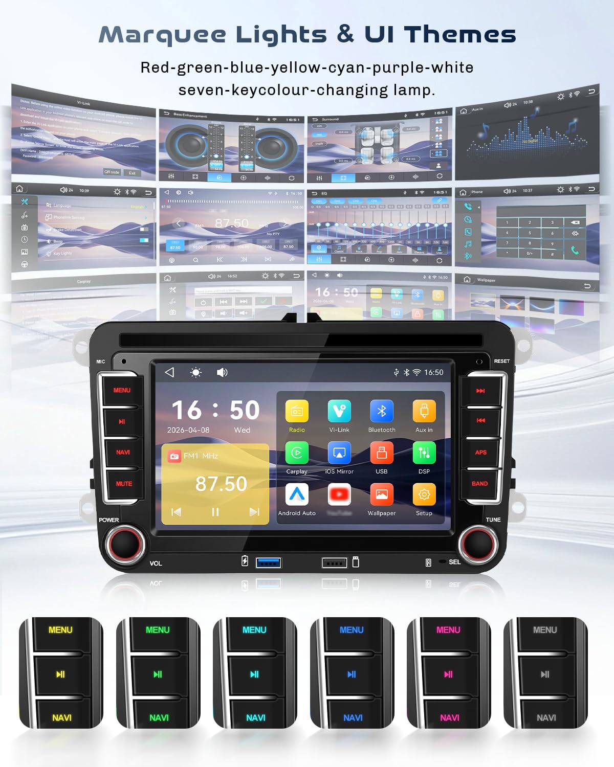 Roinvou Radio samochodowe do VW Golf 5 6 Passat Polo Tiguan Touran Caddy Skoda Wireless CarPlay Android Auto MirrorLink, 7-calowy ekran dotykowy radia z Bluetooth, DSP FM SWC Kamera cofania