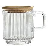 Lysenn Clear Glass Coffee Mug with Lid - Premium Classical Vertical Stripes Glass Tea Cup - for...