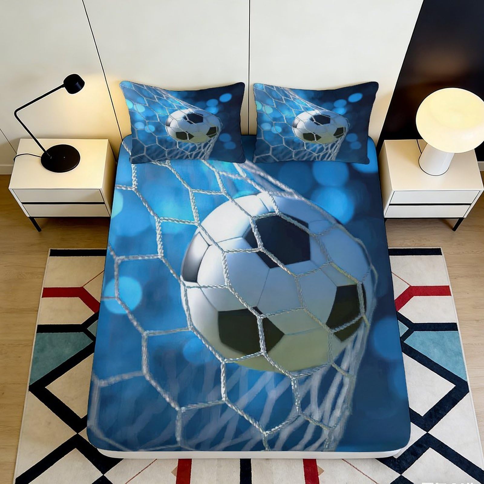Pnayamiorkfel Style-2 3D Printed Soccer Goal Fitted Sheet Microfiber Blue Sports Bed Sheet Football Net Mattress Cover Bedroom Decor 90X200x25cm