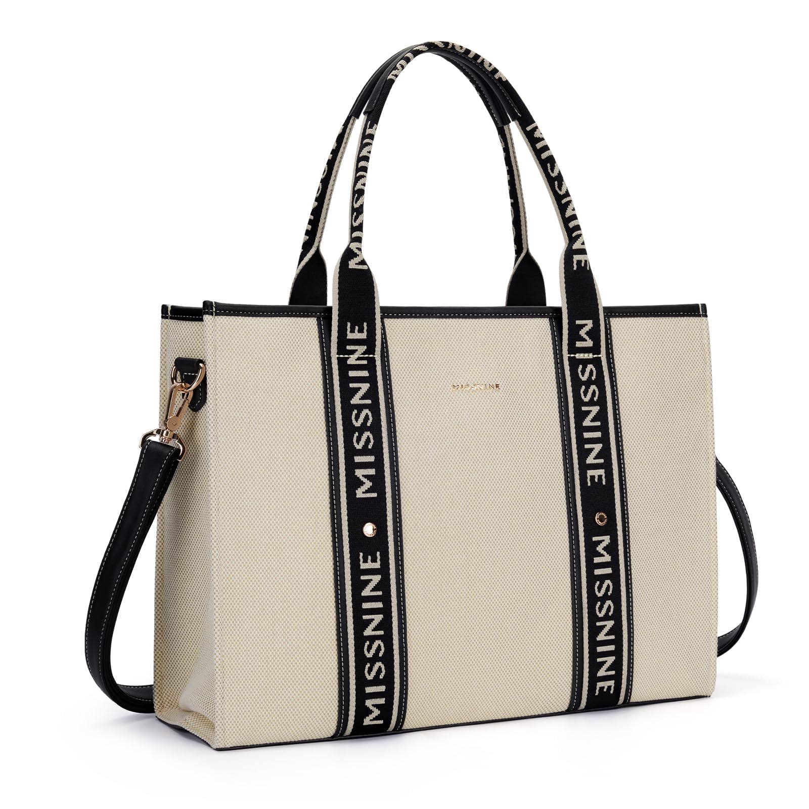 Missnine Women's Canvas Tote Bag with Zipper, 15.6 inch, Multi-Pockets, Padded Laptop Compartment, Detachable Strap (Noir + Beige)