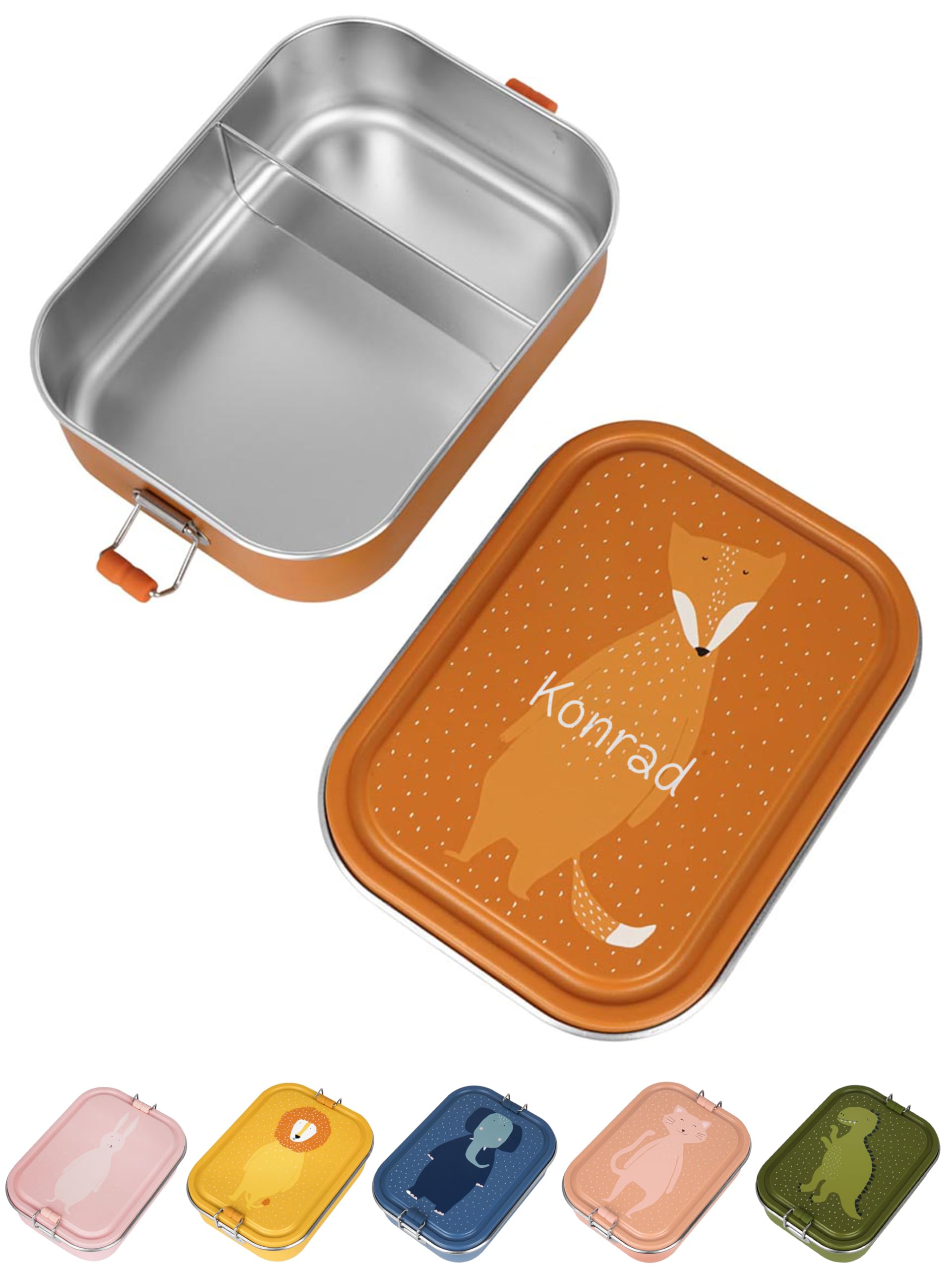 wunderwunsch TRIXIE Lunchbox Edelstahl Tier personalisiert, individualisiert mit deinem Wunschnamen, für Schule, Kindergarten als Geschenk für Kinder zur Einschulung (Fuchs mit Name, groß)