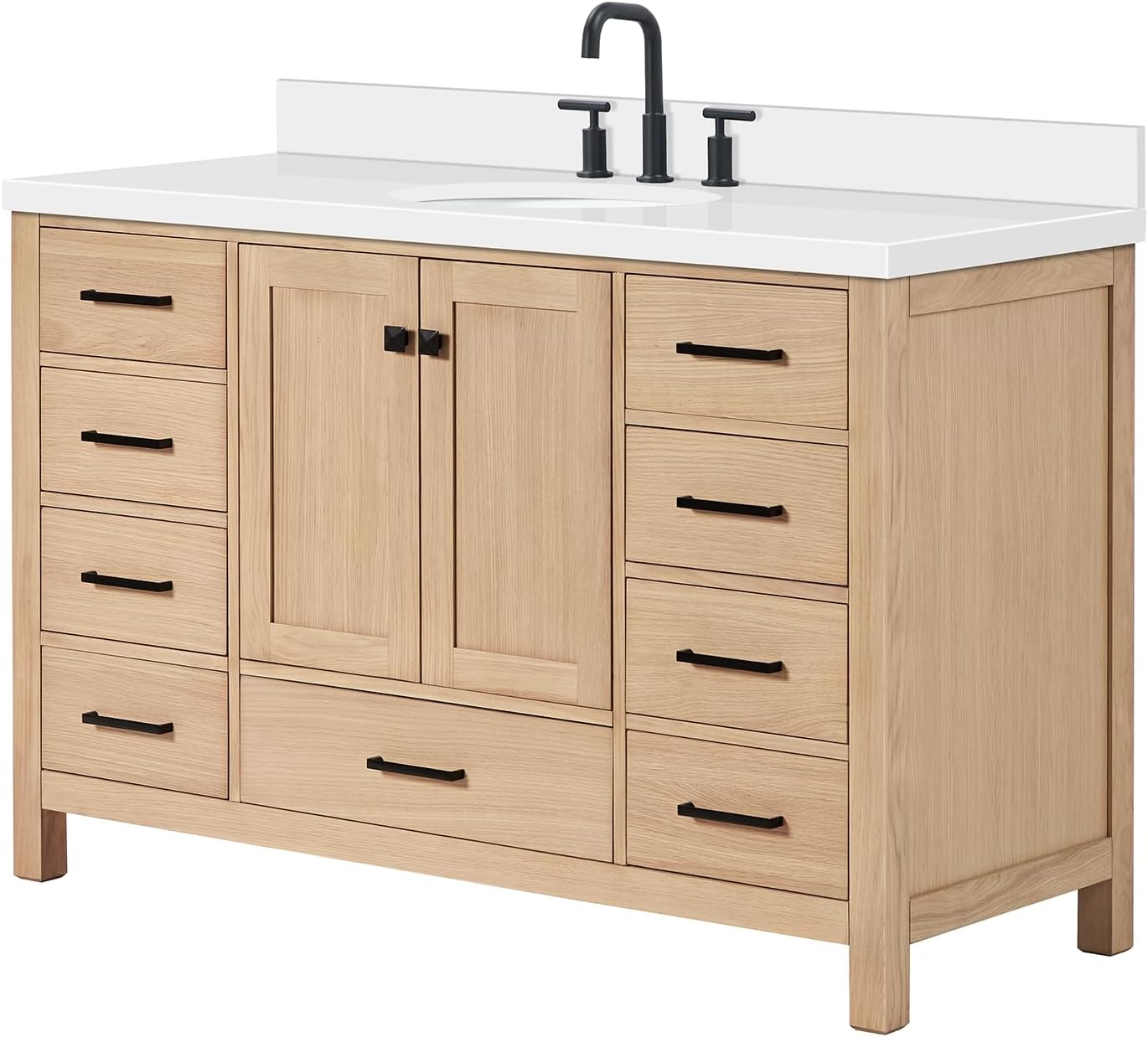 ARIEL Cambridge 54-inch Bathroom Vanity with Sink,Solid Wood, 1.5-inch Pure White Quartz Countertop & Backsplash, Single Oval Porcelain Sink, 2 Soft Closing Doors, 9 Dovetail Drawers, White Oak