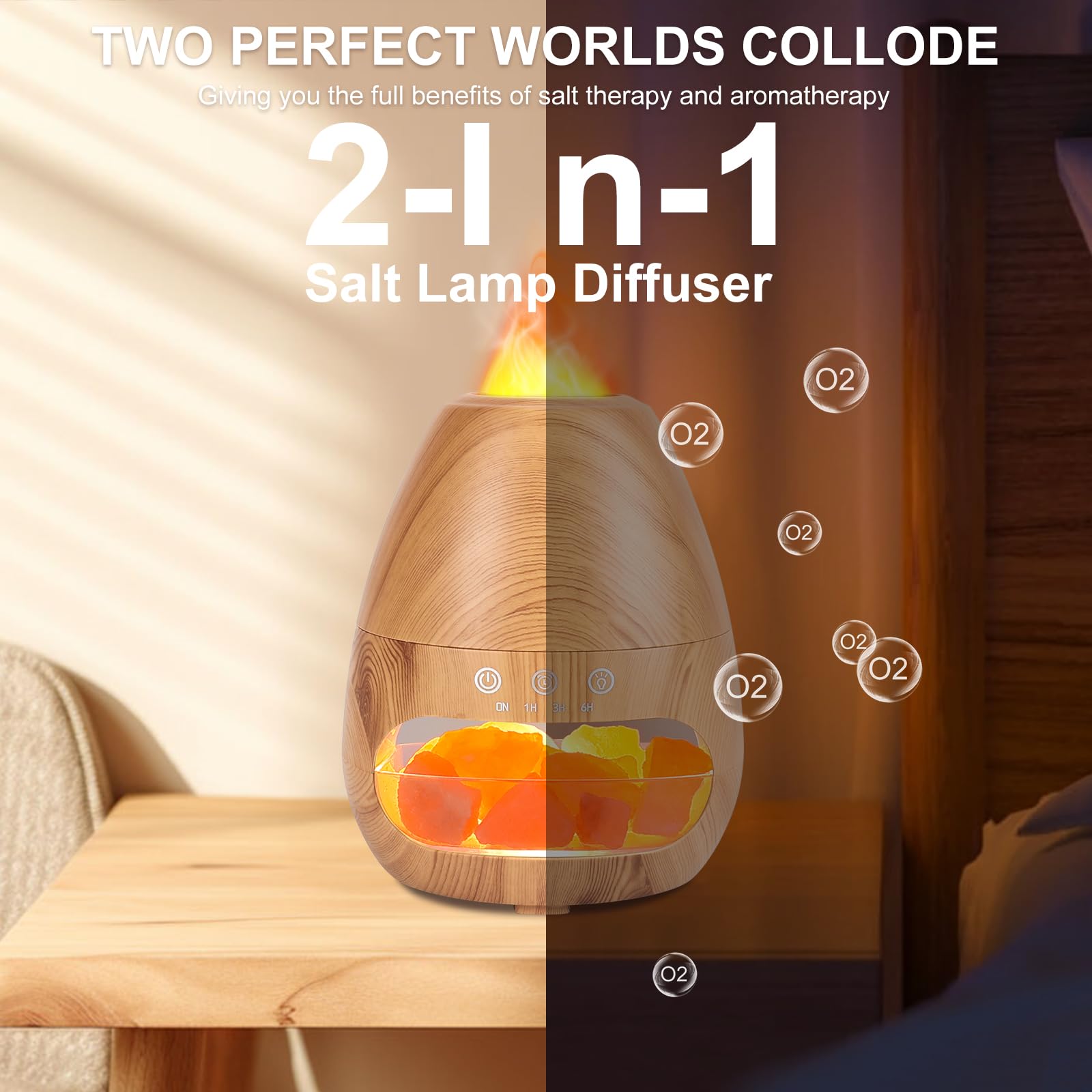 Diffusore di Oli Essenziali con Effetto Fiamma, GuKKK 200ml Diffusore di Oli Essenziali con Pietra di Sale, Aromaterapia Aromi Diffusore, Umidificatore Silenzioso con 3 Timer, per Ambiente, Casa, Spa