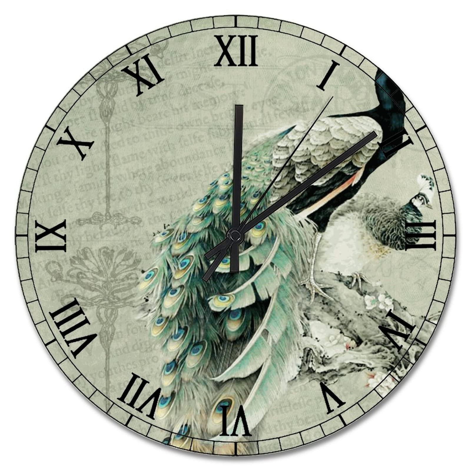 Horloge murale en bois de paon pour salon | Décoration fleurie rustique 38 cm