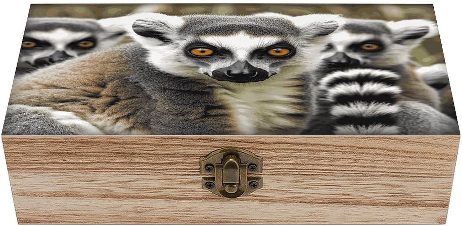 Animals Lemur Pattern Wooden Storage Box 7.9" X 3.9" X 2.3"