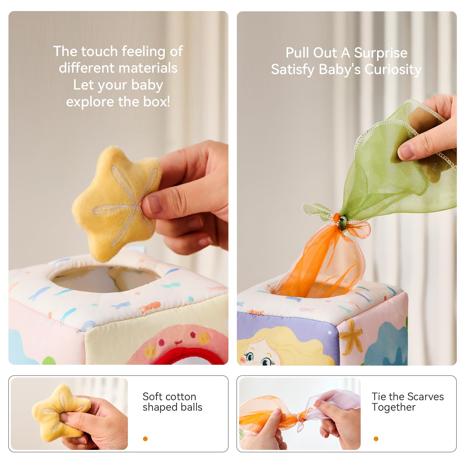 WOODEN TEETHER Baby Tissue Box Toy Mesi Montessori Sensorial Giocattolo, Promuove Le capacità sensoriali e motorie, con specchi, Colori, Trame, Suoni, Ragazzi e Ragazze (Sirena)