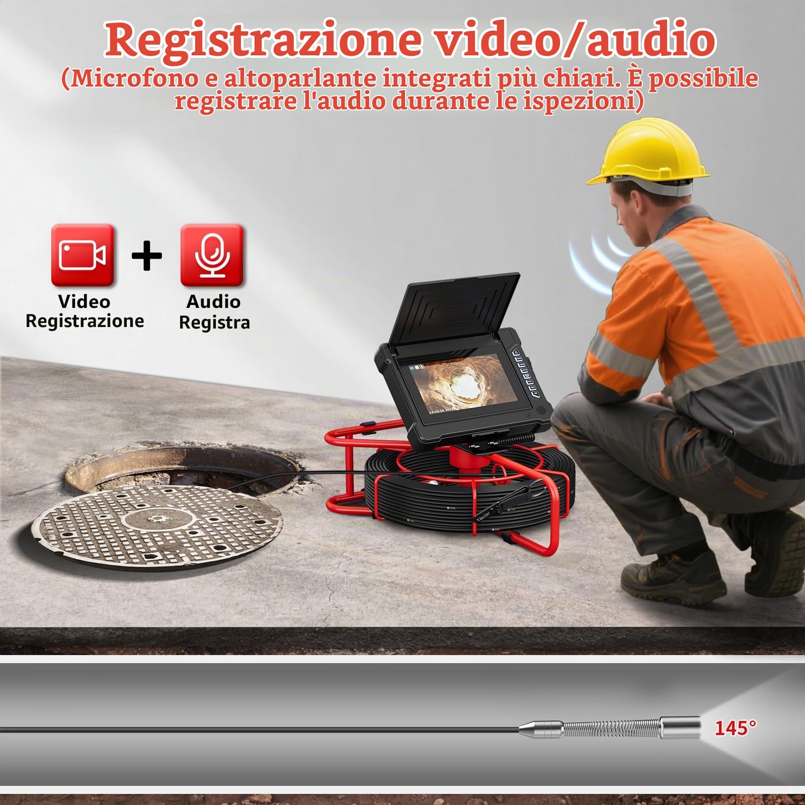 Telecamera di Ispezione per Tubi 30M, Schermo IPS da 7" con DVR e Registrazione Audio, Endoscopio Industriale per Fognature con Cavo da 5 mm e Marcature Metriche, Scheda da 32GB Inclusa (23MM-30M)
