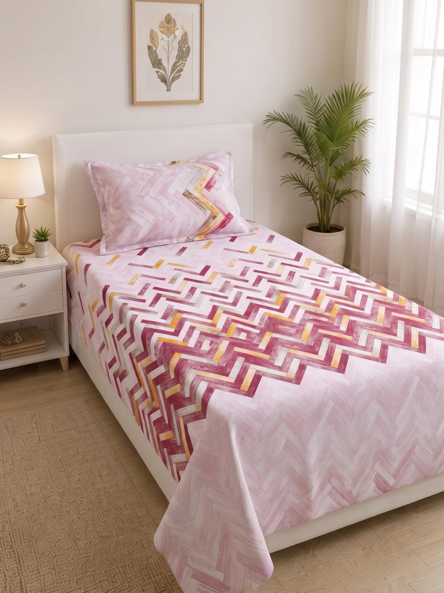 Mafatlal King Size Bedsheet - Beige Blue Leaf Print -25