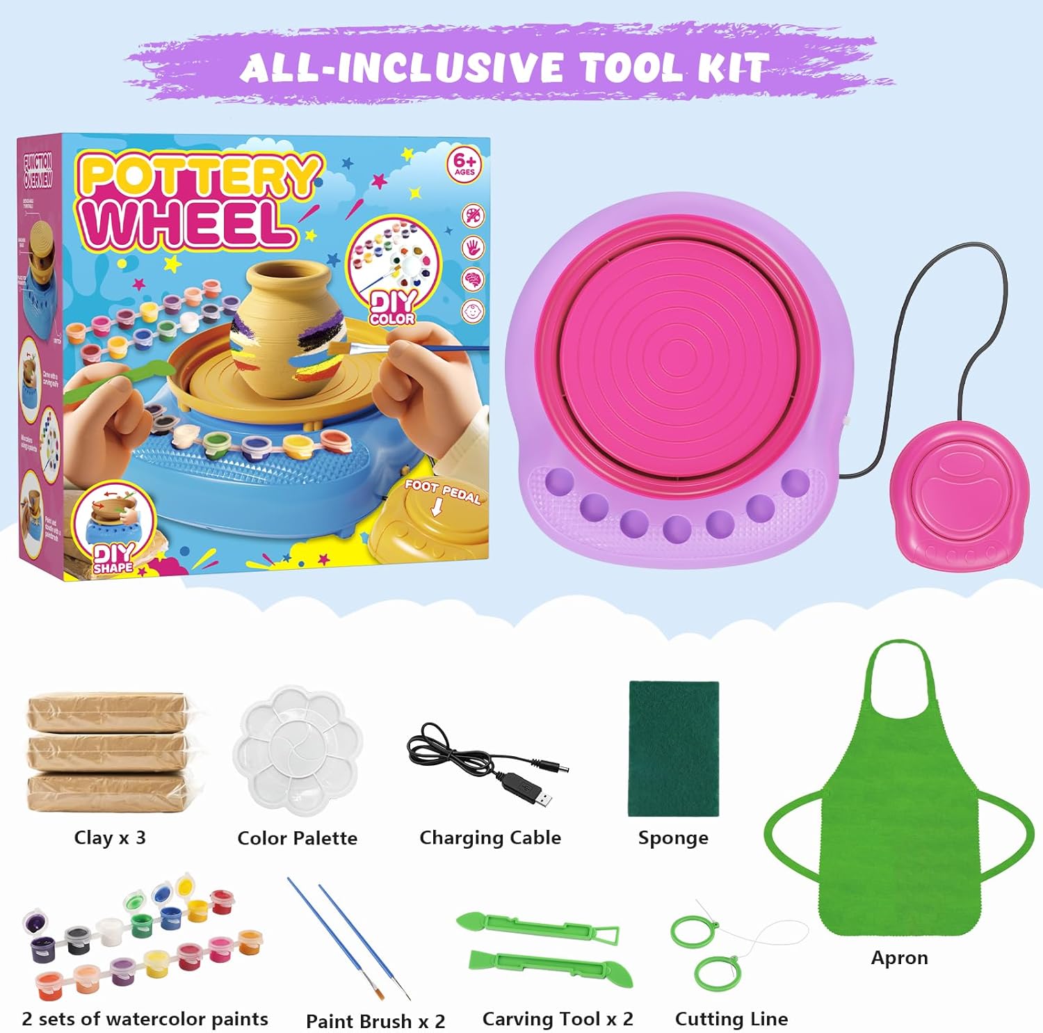 TingingYuli Pottery Wheel for Kids with Clay Kit - Arts and Crafts for Kids Ages 6-8 8-12, Complete Pottery Kit with Air Dry Clay and Painting Tools, Easter Christmas Birthday Gift for Boys Girls