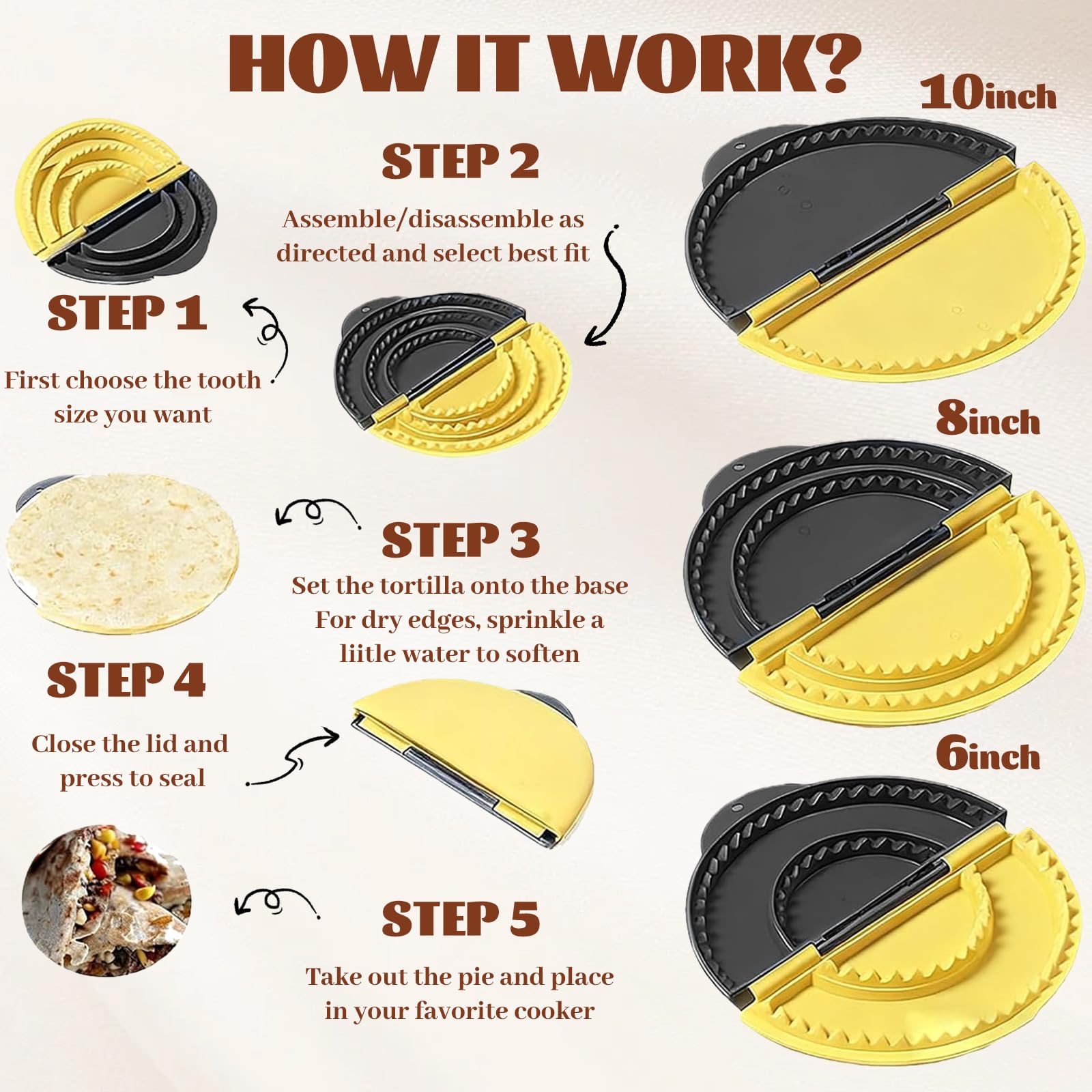 3-en-1 Prensa de Tortillas, Sellador de Tortillas Desmontable de 15,2–20,3–25,4cm, Quesadillera, Prensa para Empanadas, Amarillo & Negro