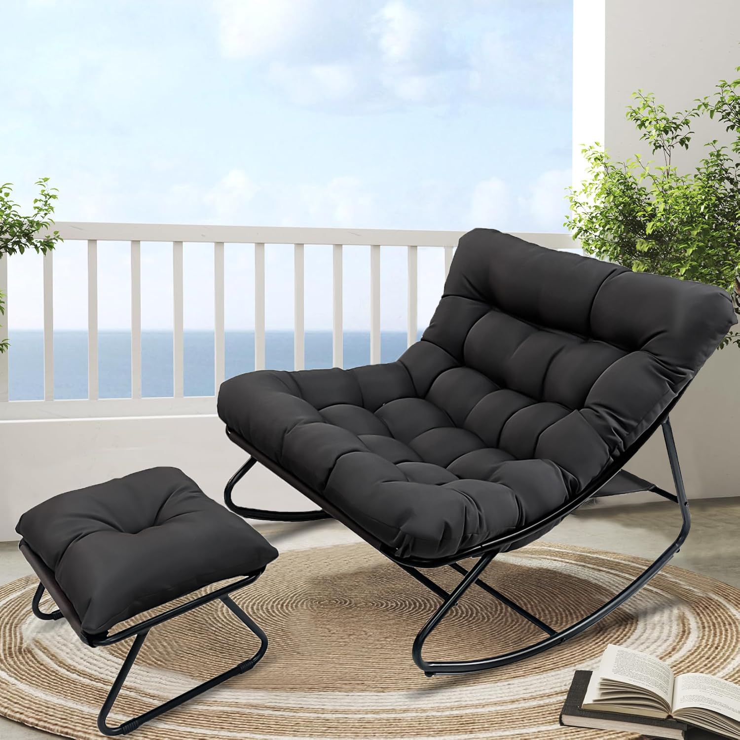 Sedia A Dondolo Imbottita In Bouclé - Con Schienale Alto, Poggiapiedi E Tasche Laterali - Per Interni Ed Esterni - Foto 7