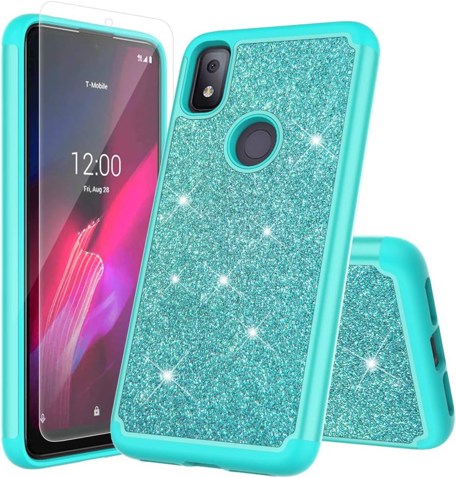 JACKPOT WIRELESS for T-Mobile Revvl 4 Cover Glitter Case with Screen Protector Sparkle Bling Shiny Diamond Rubber Hard Case Bumper Girl Women Protective Case (Teal)