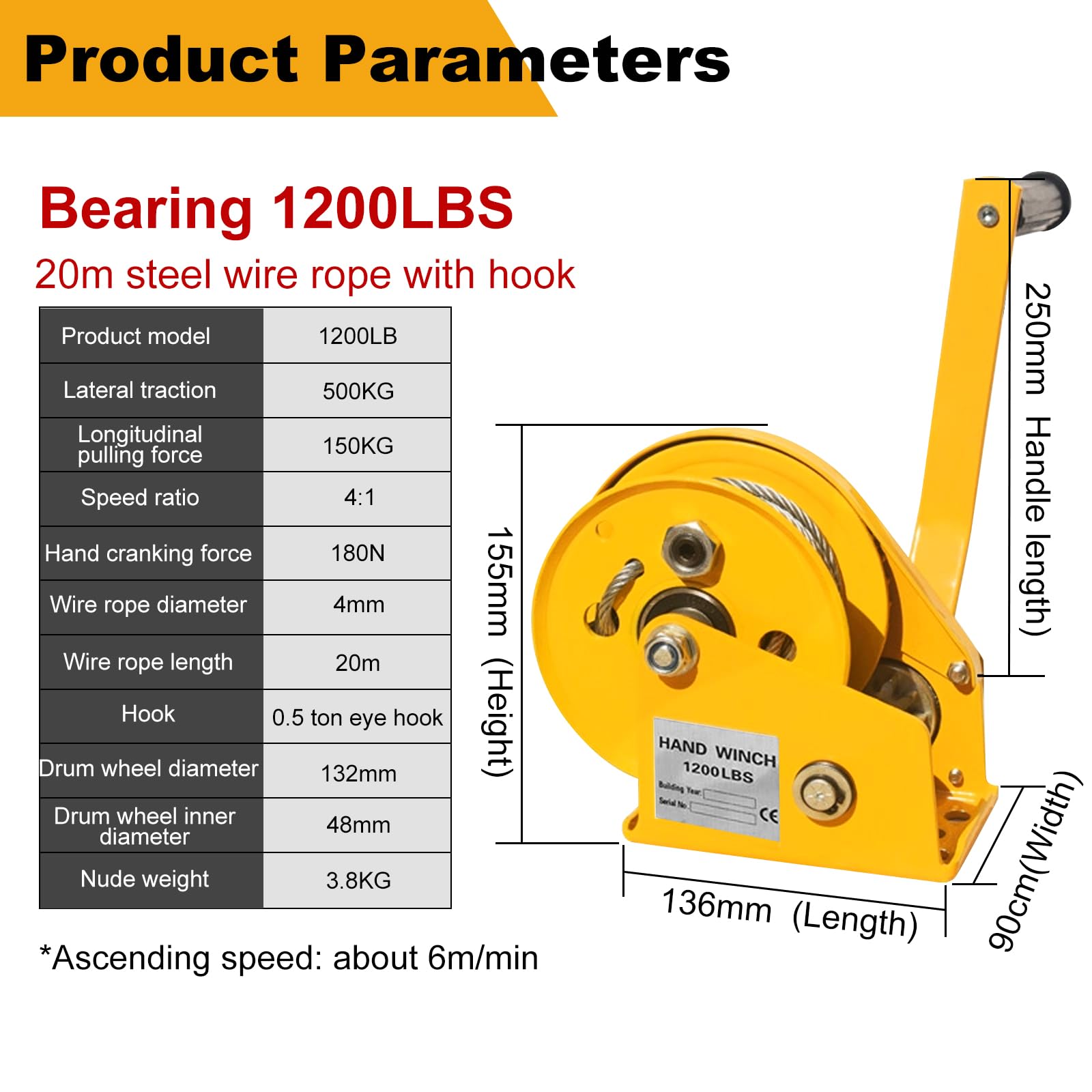 Cabrestante Manual Profesional 1200lbs/2600lbs, Cabrestante Manual con Freno Automático, Cabrestante de Manivela mManual con Cable para Barcos y Vehículos (1200lbs-20m)