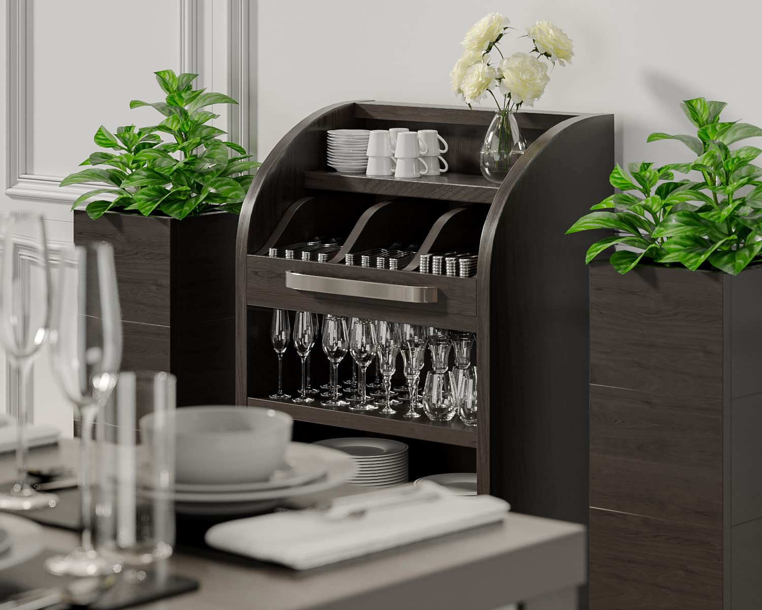 LEA | Besteckschrank | B55cm x H105 | Wenge-Schwarz | 1xTür + 2xBöden | Soft-Close | Holz Kellnerstation Schrank Kommode Servier Gastro