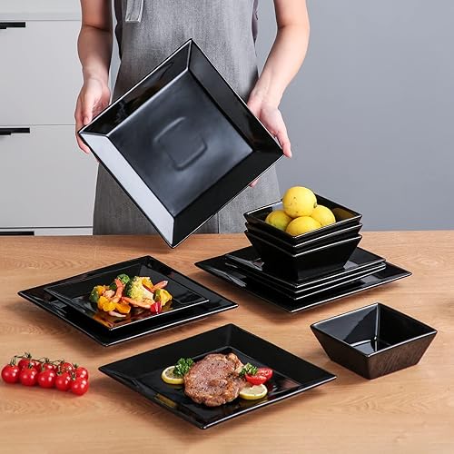 Miniatura 5 de DOMINI Juego de vajilla cuadrada de 12 piezas, servicio para 4 personas, cena de platos de porcelana, color negro cuadrado