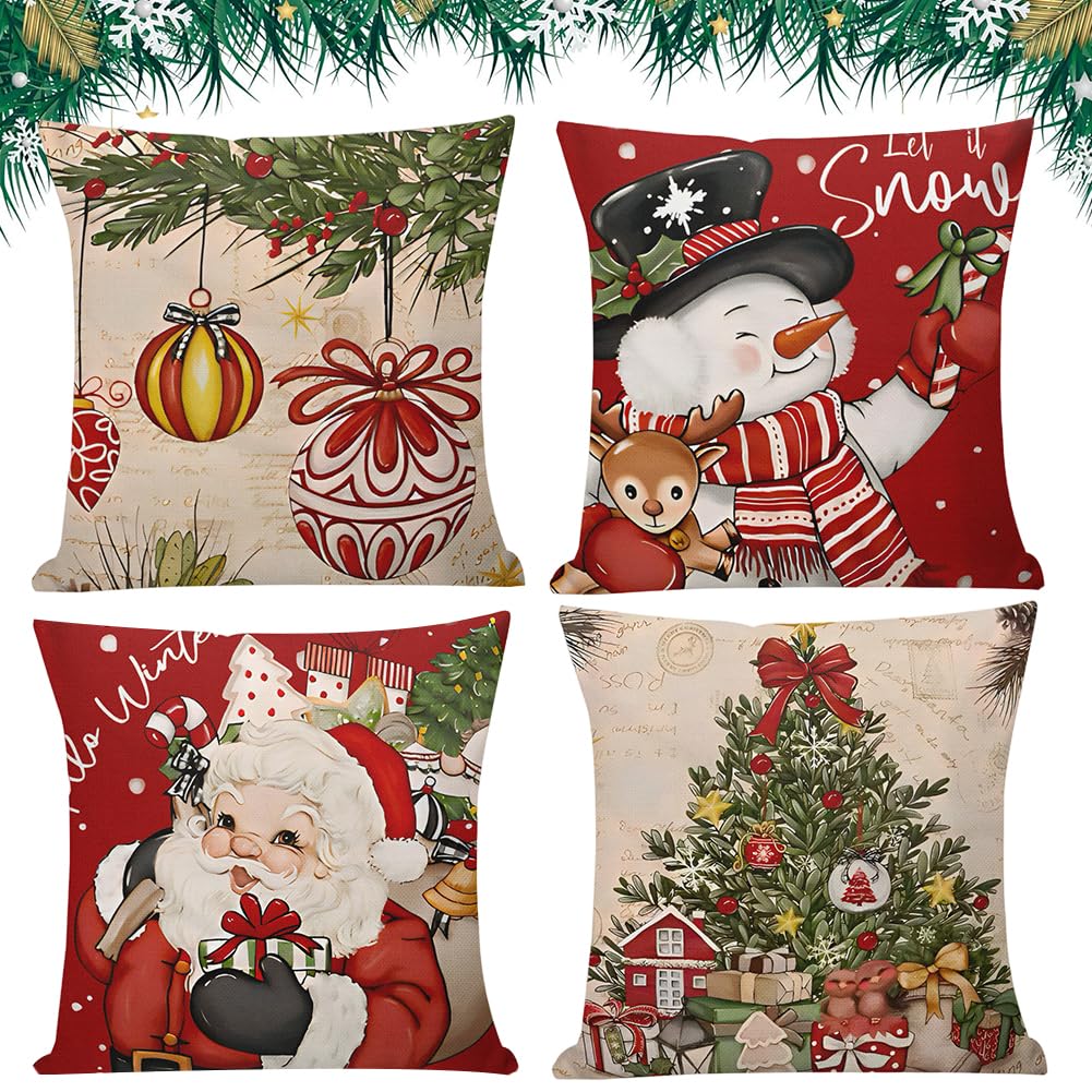 WFKKMEQ Christmas Cushion Covers Set, 4PCS Santa Claus Decorations Pillow Cases Sofa Couch Pillowcases Winter Xmas Decorative Pillow Case CoverHoliday Decor Cushion Case Sofa Couch Living Room Home