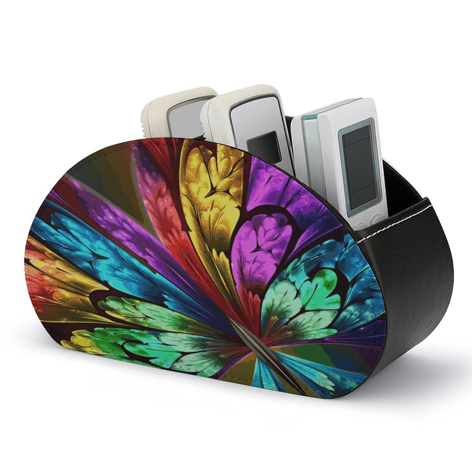 FekiLoot Rainbow Butterfly Remote Control Holder, PU Leather Remote Control Organizer Box Stationery Remote Control Box Desk Storage Organizer for DVDs,Glasses,Pens,Media Players