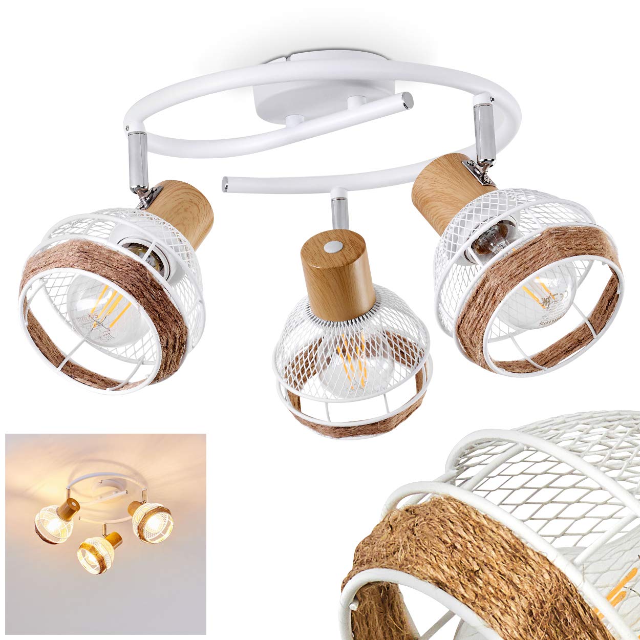 Ceiling lamp Bariloche, Round Ceiling lamp Made of Metal/Wood/Hemp Rope in White/Chrome/Nature, 3-Flame, lampshades can be Turned and swivelled, 3 x E27 Socket, Lattice Optics, Without Bulbs