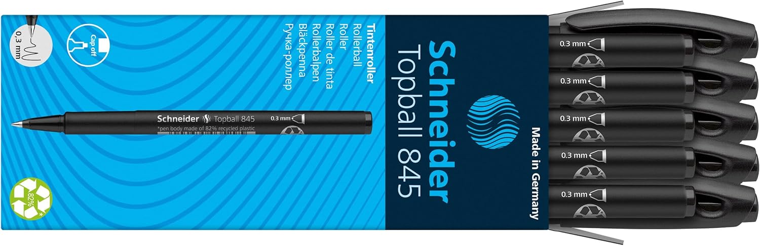 Schneider Topball 845 Rollerball Pen, 0.3mm, Black Ink, Box of 10 (184501)