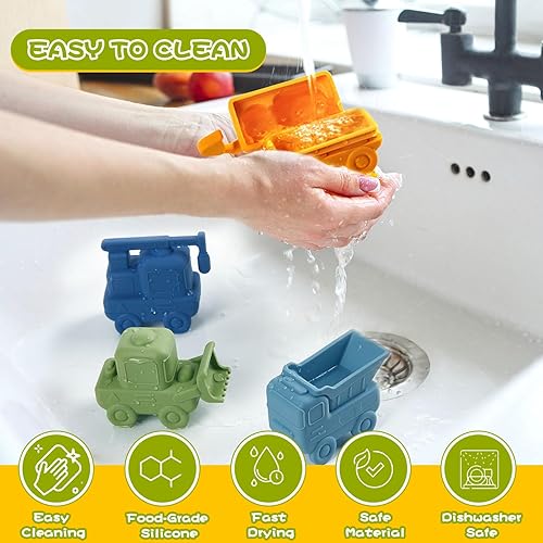Miniatura 4 de Juguetes de baño para bebés sin moho, paquete de 4 juguetes de baño de silicona  Camión y juguetes de construcción  Suave, exprimible y flotante en
