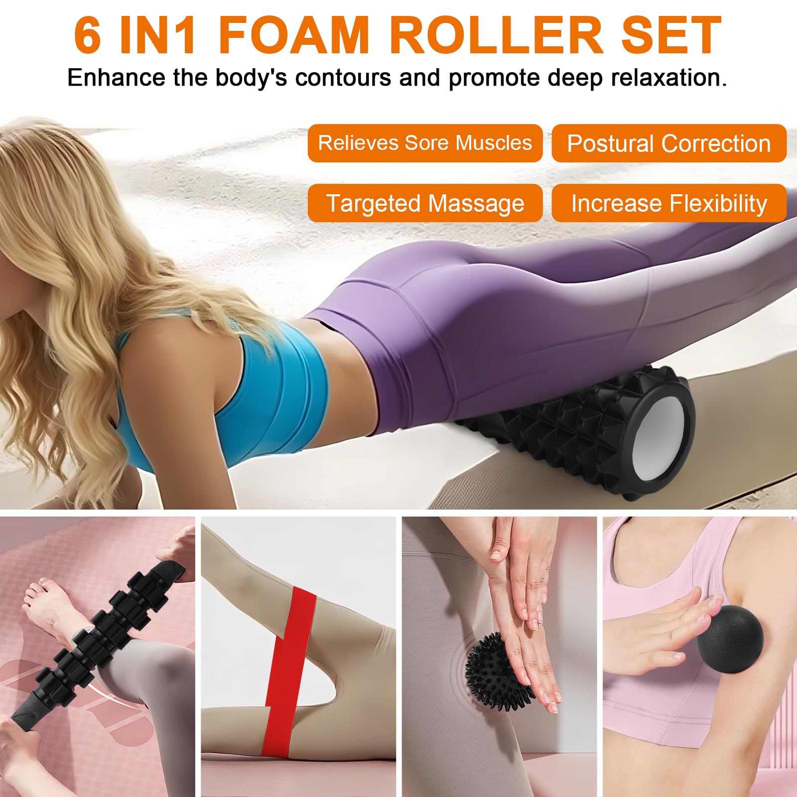 Rouleau de Massage,7 en 1 Foam Roller Kit,Rouleau de Massage Musculaire,Bâton de Rouleau de Massage,Boule de Fascia,Tendeur,Bandes de Résistance pour Massage Profond des Tissus Musculaires