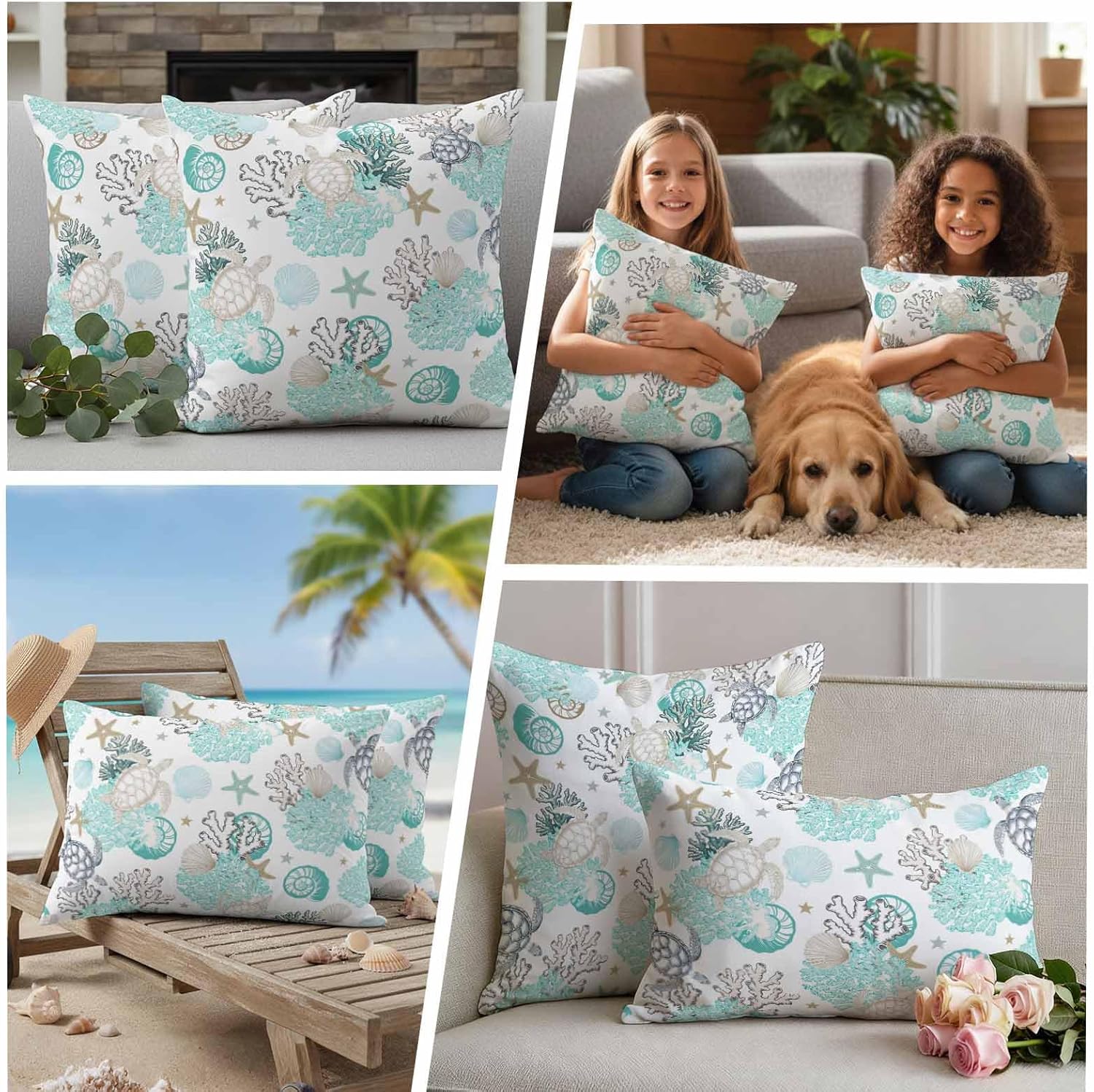 Summer Coastal Outdoor Pillow Covers Set of 2, Ocean Sea Turtle Seaweed Decorative Waterproof Throw Pillowcase Teal Grey Abstract Art Cotton Linen Soft Cozy Cushion Cover Pillowsham 20x20In