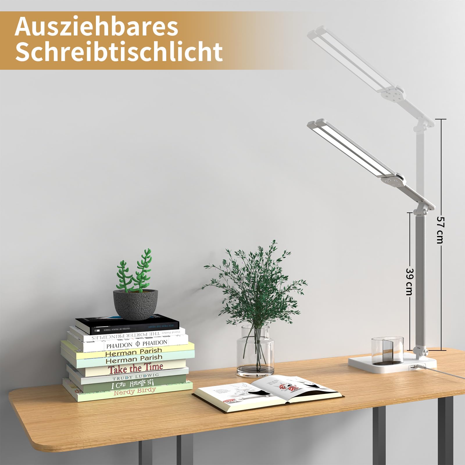 iVict Led-Schreibtischlampe, Doppelkopf, höhenverstellbar, dimmbare Nachttischlampe mit USB-Ladeanschluss, 5 Lichtmodi, Schreibtischlampen für Kinder, Touch Control zum Lesen, Basteln, Arbeiten