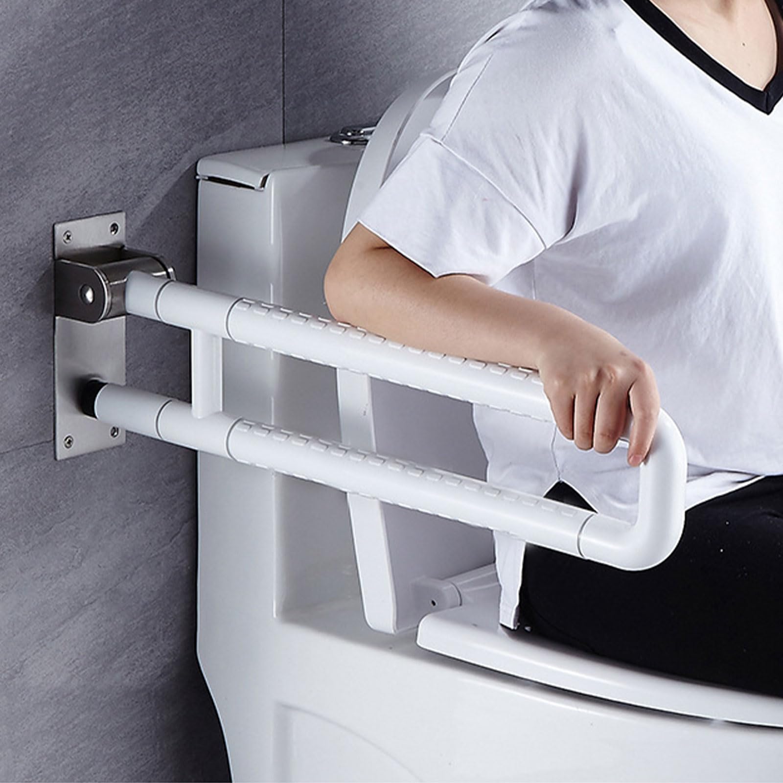Maniglia per WC da 68 cm, in acciaio inox, con barra in ABS, a forma di U e montaggio a parete, sicura per anziani, anziani, disabili, pazienti feriti (bianco)