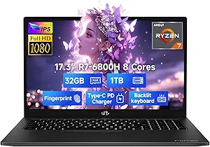 NIMO 17.3" IPS FHD-Gaming-Laptop, 8 Cores AMD Ryzen 7 6800H 32GB DDR5 RAM 1TB SSD (Beat i7-12700H Up to 4.7GHz) AMD Radeon 680M GPU-Computer with 100W Type-C Backlit Keyboard Fingerprint