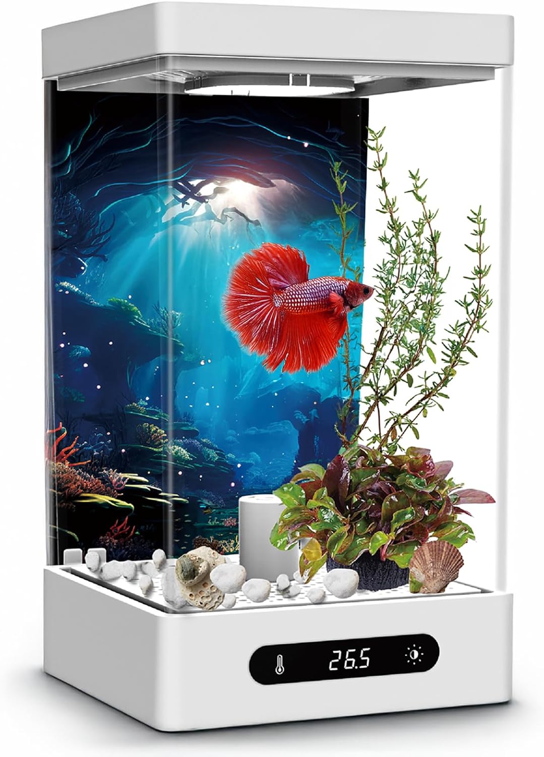 Betta Fish Tank, Smart Automatic Heating, Easy Water Change Valve, and Energy-Efficient LED Lighting - Perfect for Office, Home, and Bedrooms NOT TESTED  INCOMPLETE  DAMAGED 