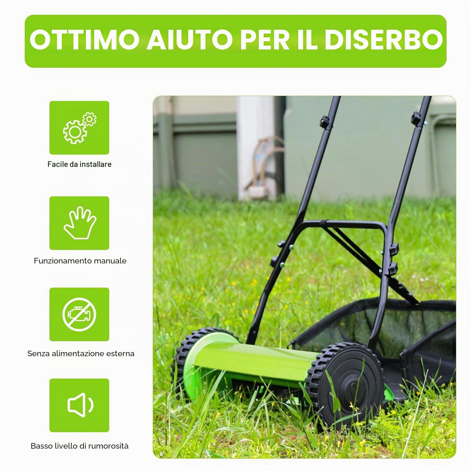 Tagliaerba manuale con larghezza di taglio di 300 mm, tosaerba con 5 lame, 23 l, capacità massima di 12-45 mm, altezza di taglio regolabile