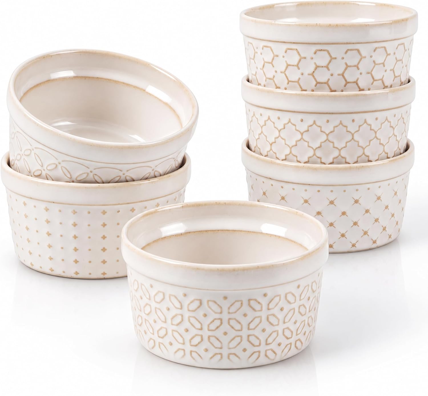DOWAN Ramekins 4 oz Oven Safe Set of 6, Arctic White Porcelain Baking Bowls and Ceramic Condiment Cups for Creme Brulee, Souffle, Pudding, Custard, Dipping Sauce and Small Charcuterie Boards